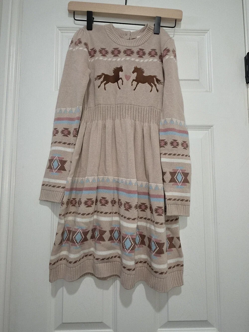 Gymbore Girls Intarsia Horse Fairisle Sweater Dress - Little Rocky Mountain Tan